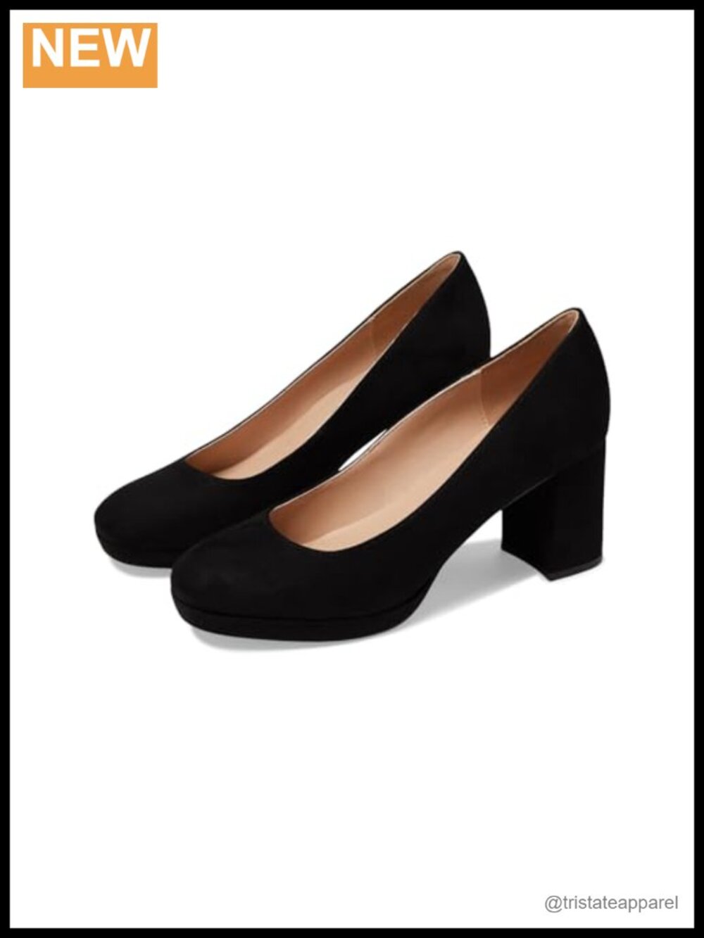 Block heel pump almond toe cushioned footbed faux suede